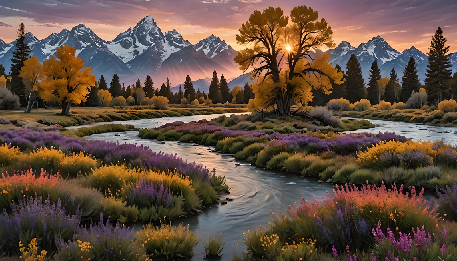Grand Tetons River in Expressionist Autumn Landscape