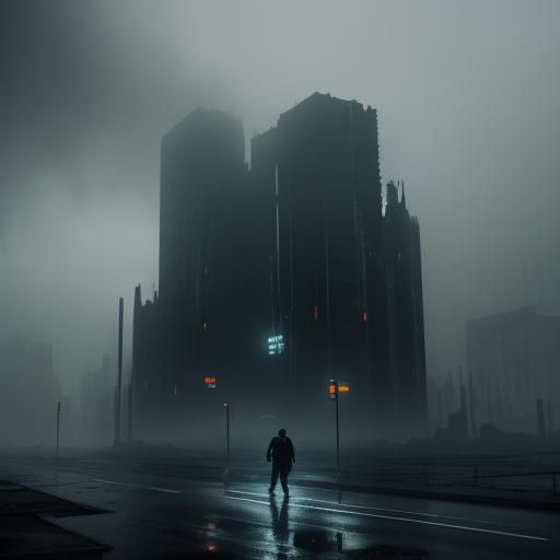 Dystopian Future: Lone Figure in Rainy Ruined City