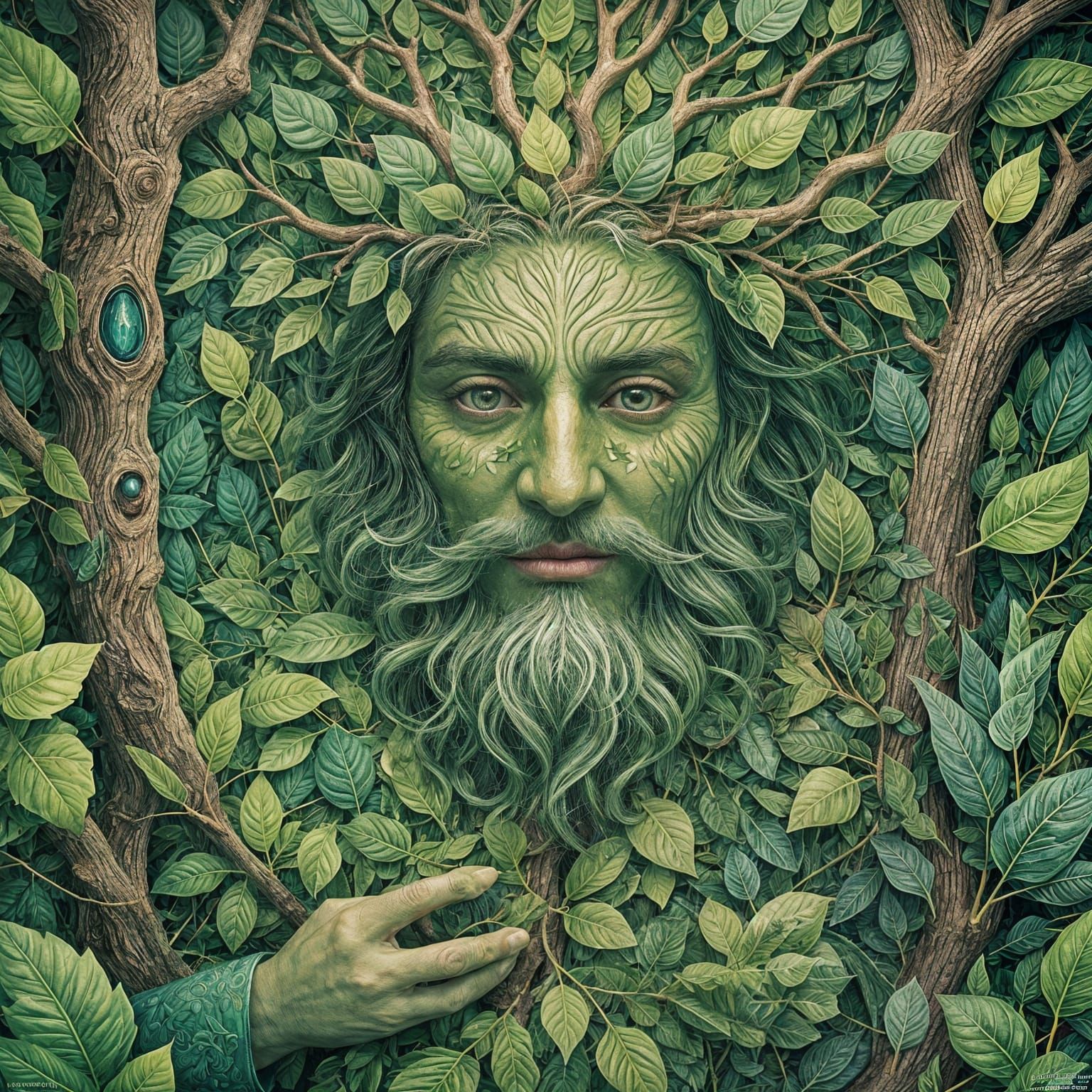 Green Man Protecting Tree: Astral Illustration