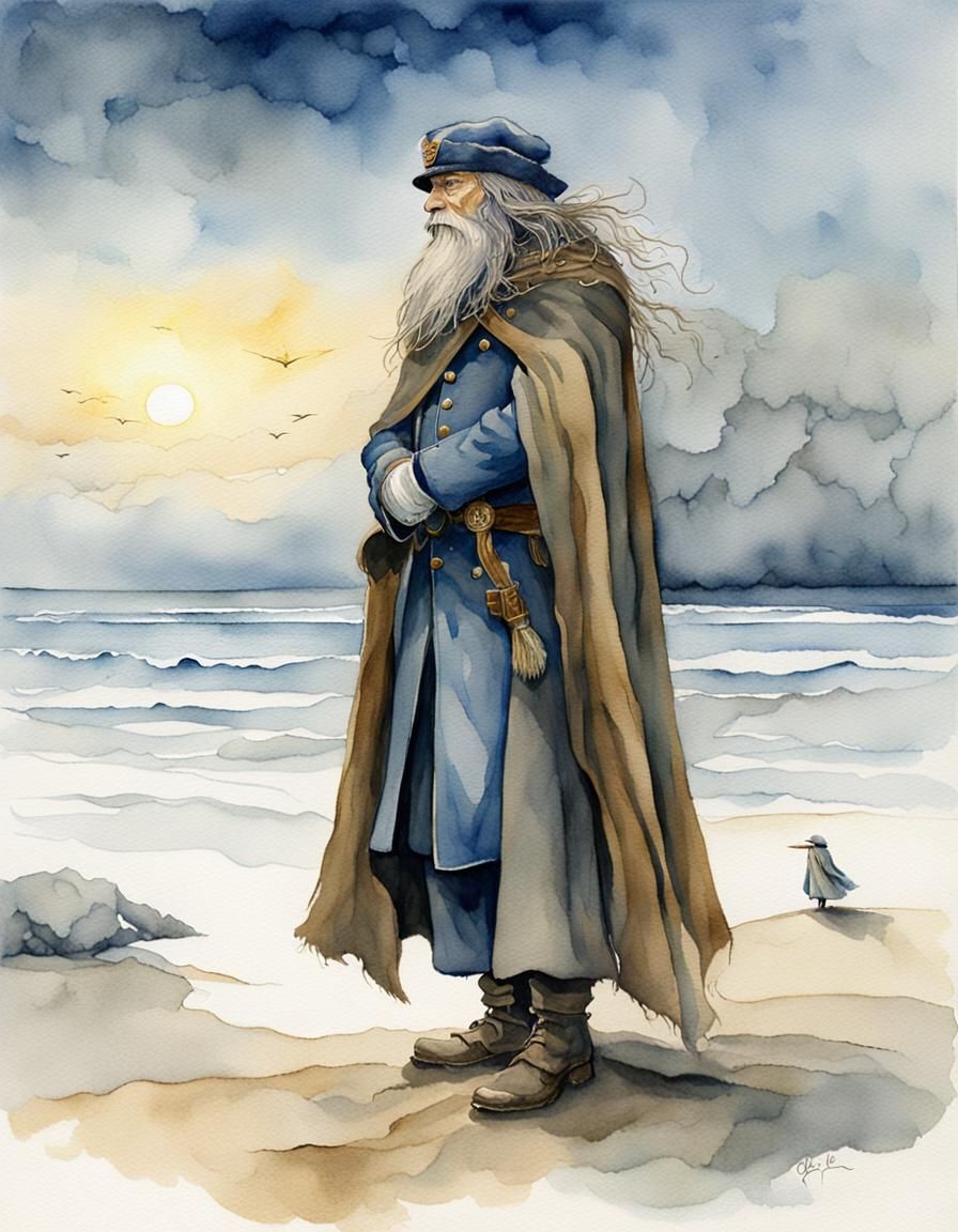 Sea Captain on Winter Beach: Watercolor Fantasy