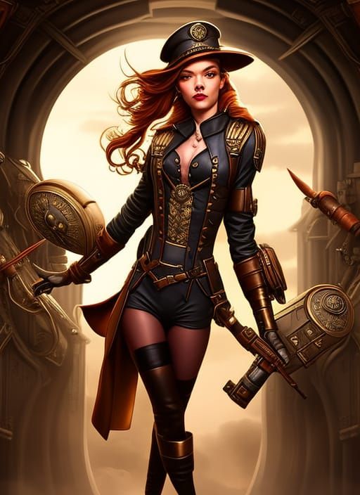 cute military pilot pin up girl, Anya Taylor Joy, steampunk mixed with dieselpunk and art nouveau, tone mapped, shiny, i...