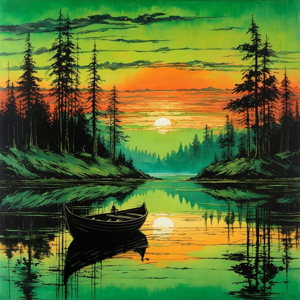 Sunset in shades of neon green and neon orange