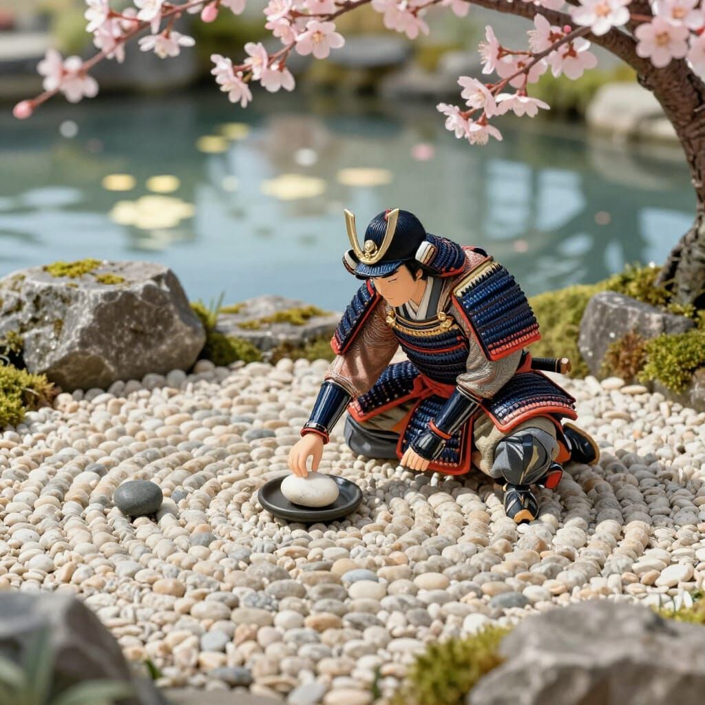 Miniature Samurai Arranging Zen Garden in Ukiyo-e Style