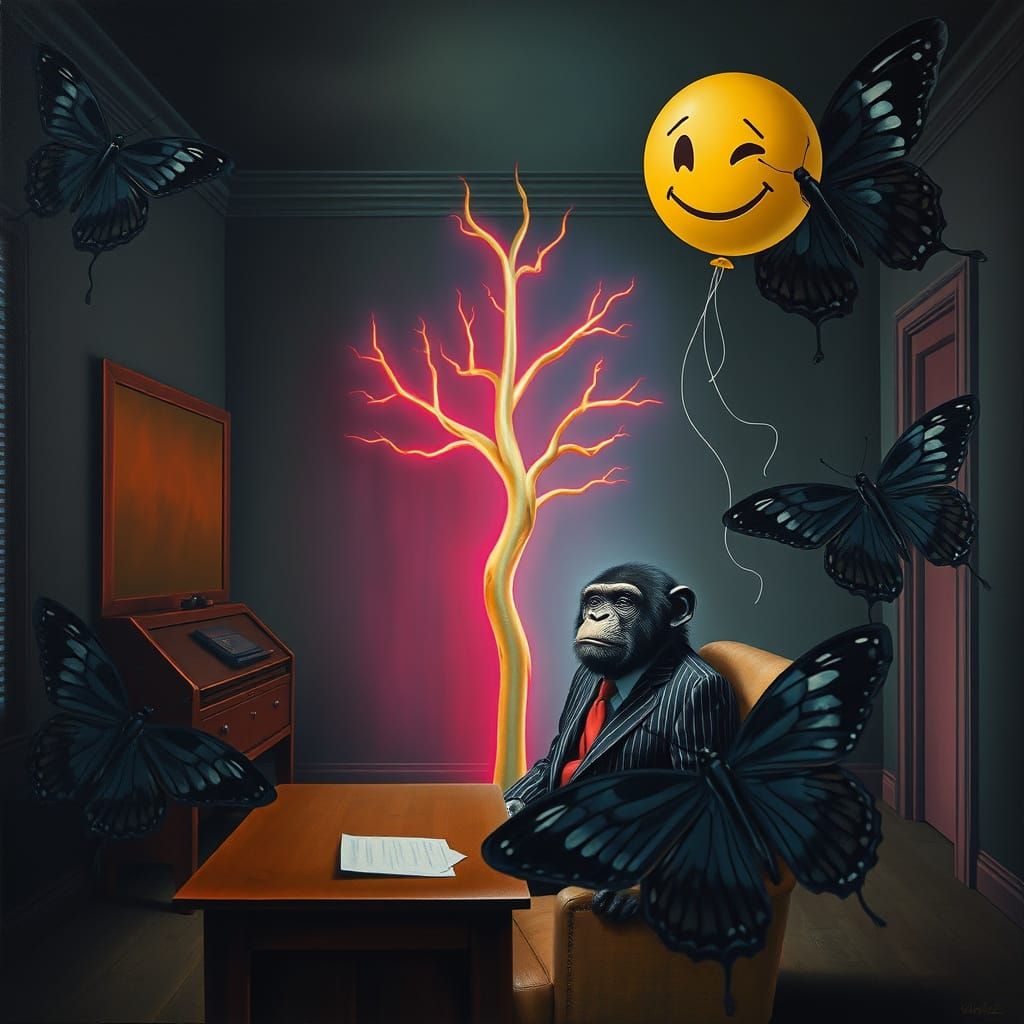 Surreal Dreamscape: Neon Tree, Banker Chimp, Emoji Balloon