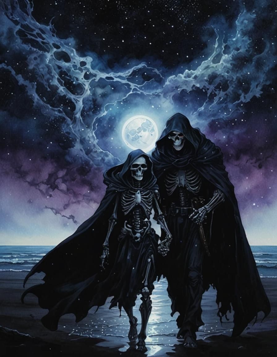 Grim Reaper Couple on a Cosmic Beach in Watercolor