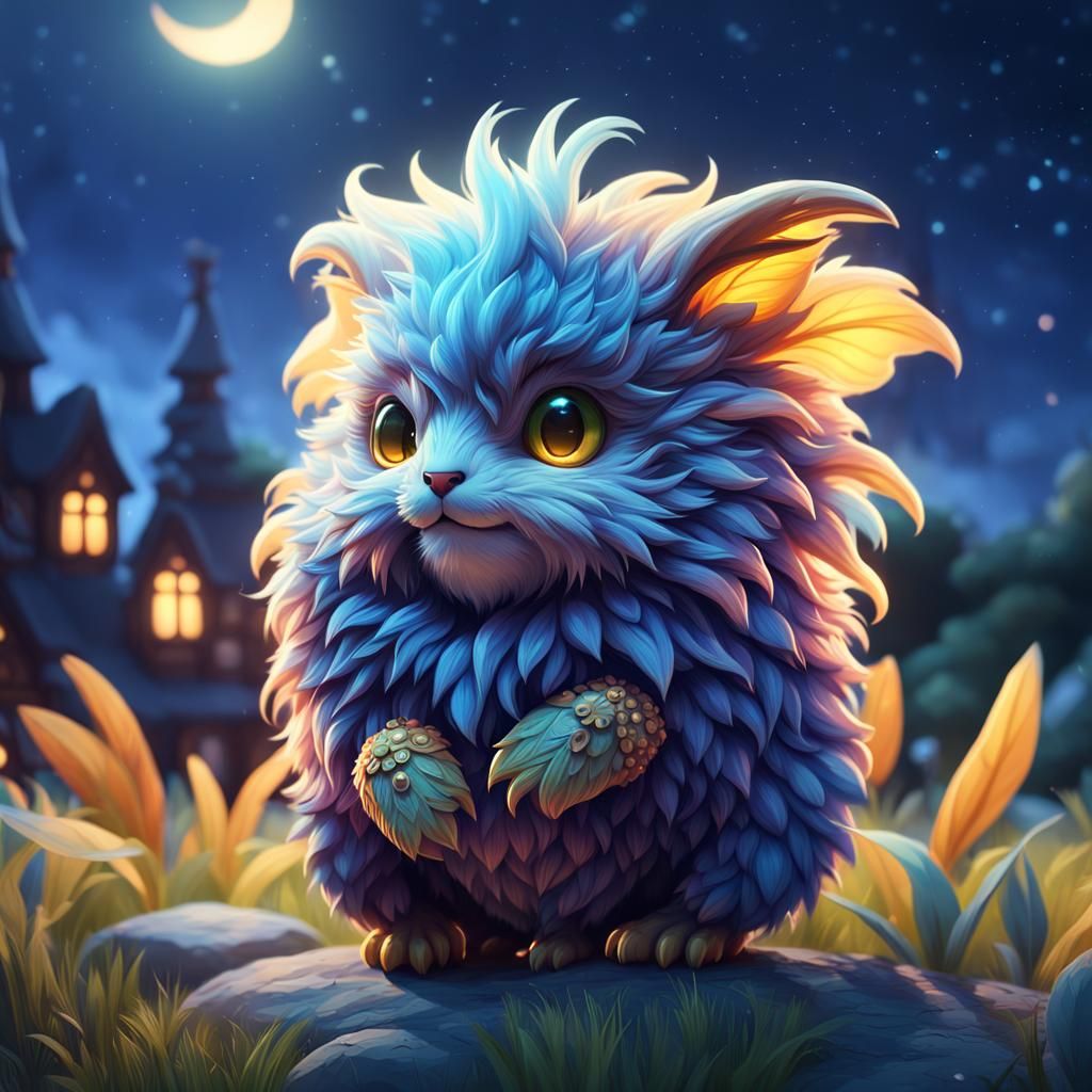 Cute Fluffy Creature in Summer Colors, Digital Art