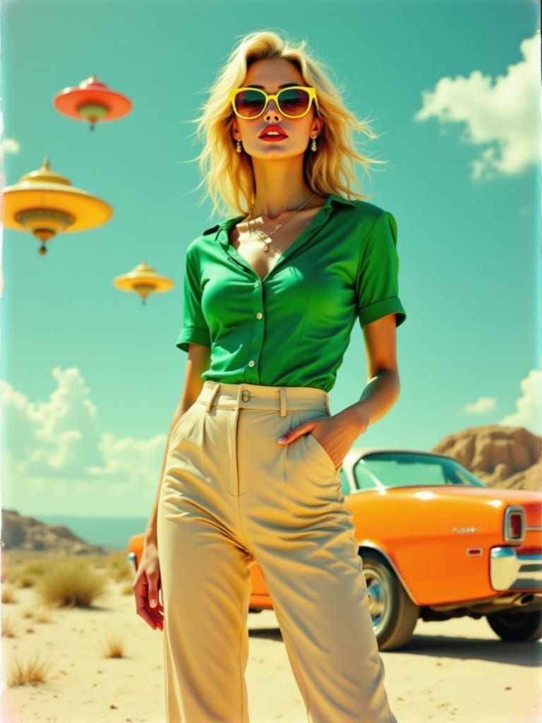 Confident Woman in Retro-Futuristic Desert Scene