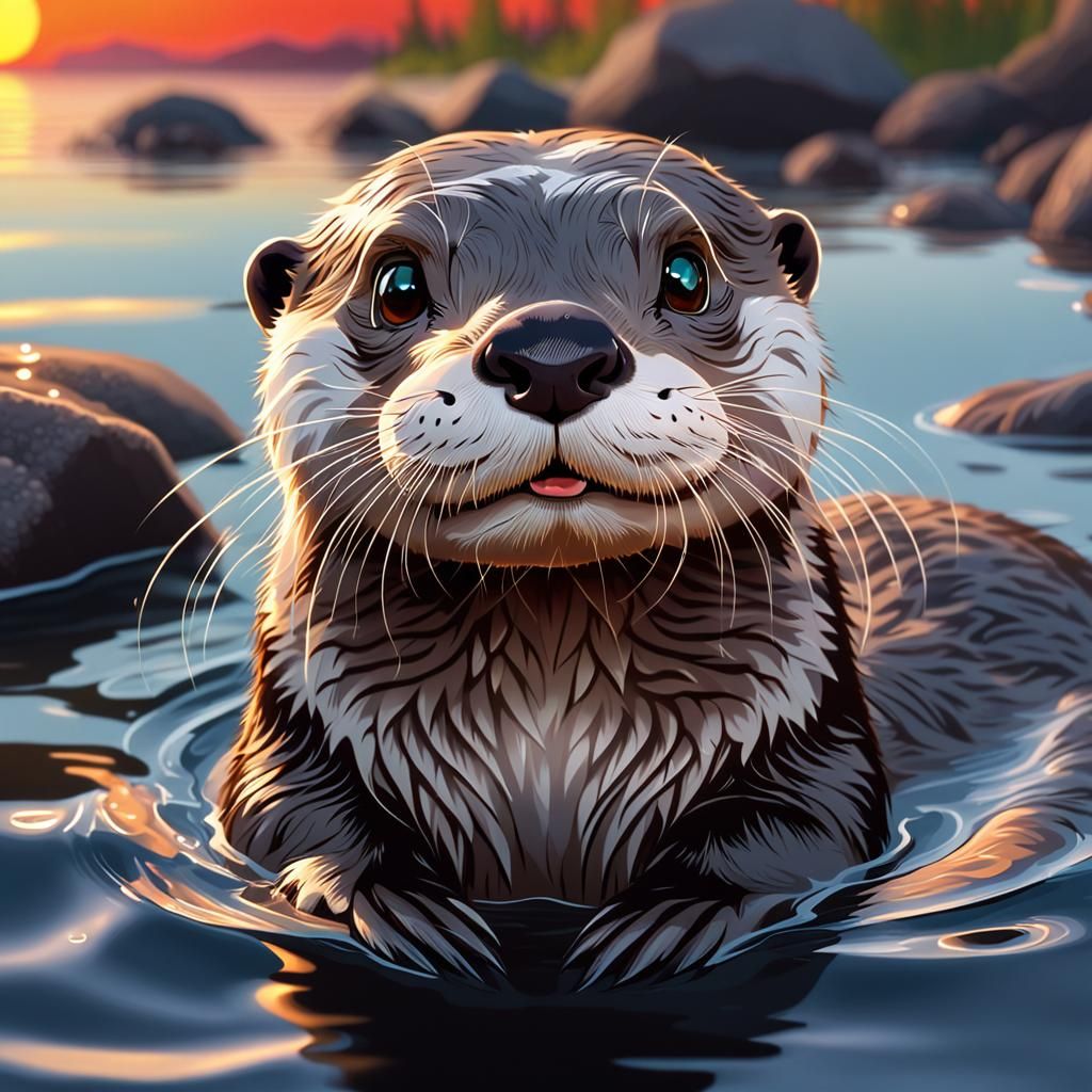 Cute Otter Swimming at Sunset in Animated Style