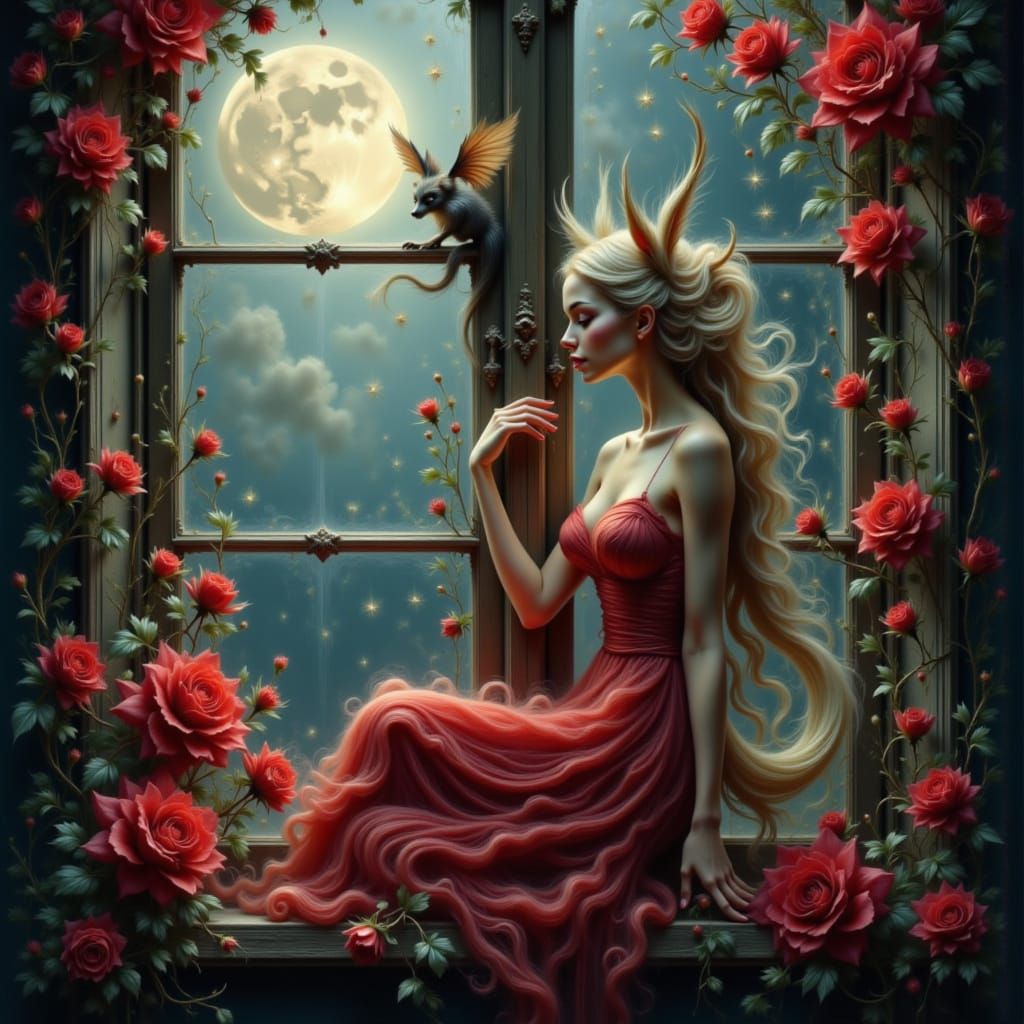 Demon Fox with Roses by a Starry Window