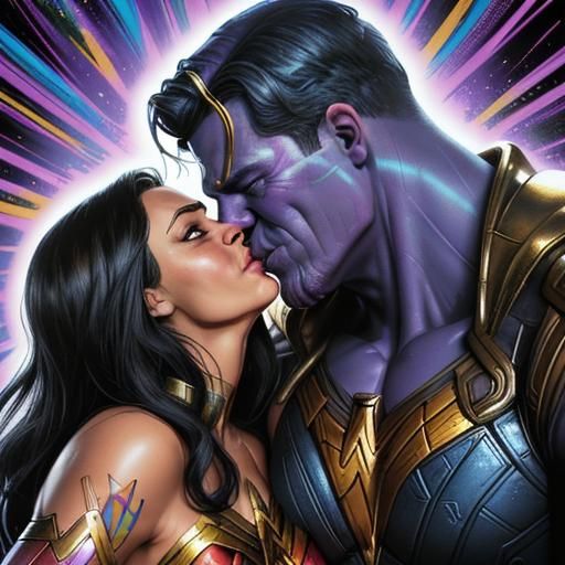 Thanos and Wonder Woman Kiss in Comic Book Art