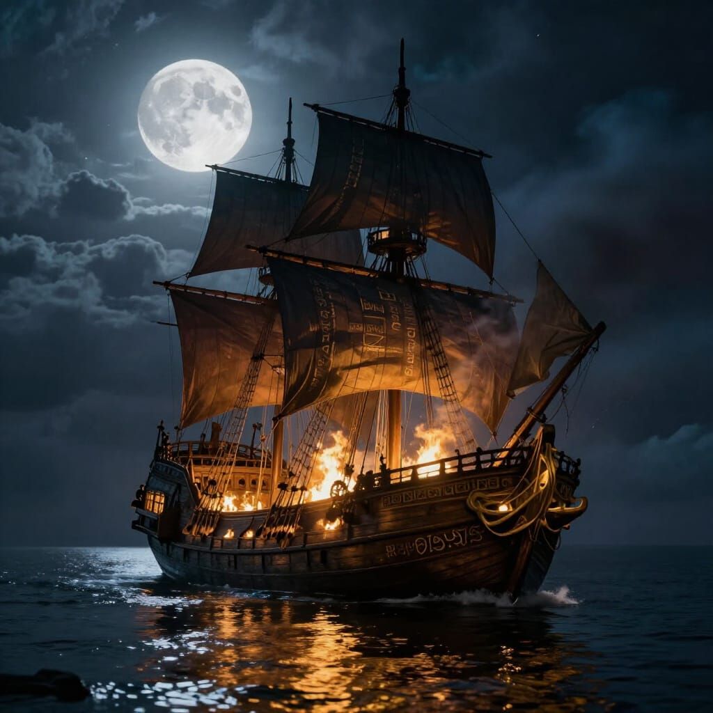 Burning Medieval Ghost Ship Under Luminous Moon