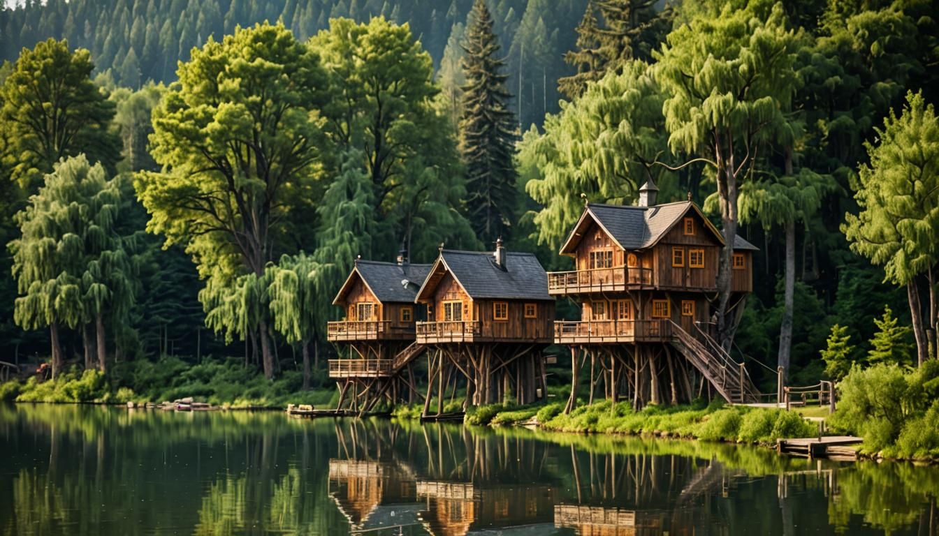 Lakeside Treehouses with Walkways: Professional Photography