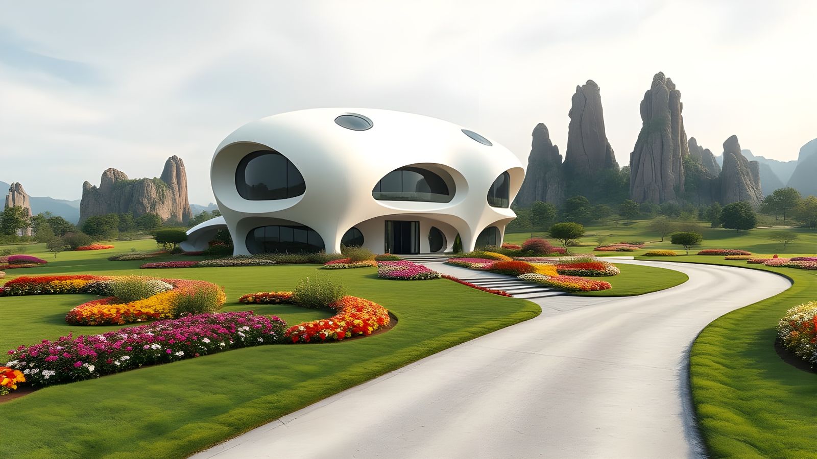 Biomorphic House in Alien Landscape with Gardens