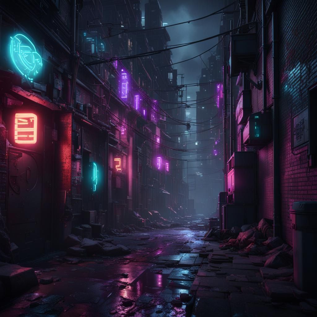 Dystopian Alleyway with Neon Lights in 3D Style