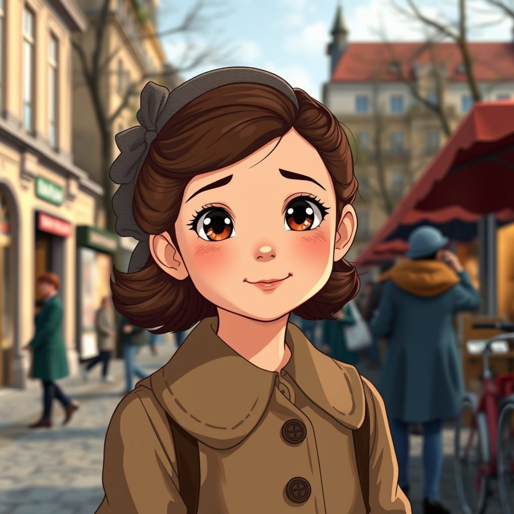 Young German Girl in 1940s Berlin Street Scene
