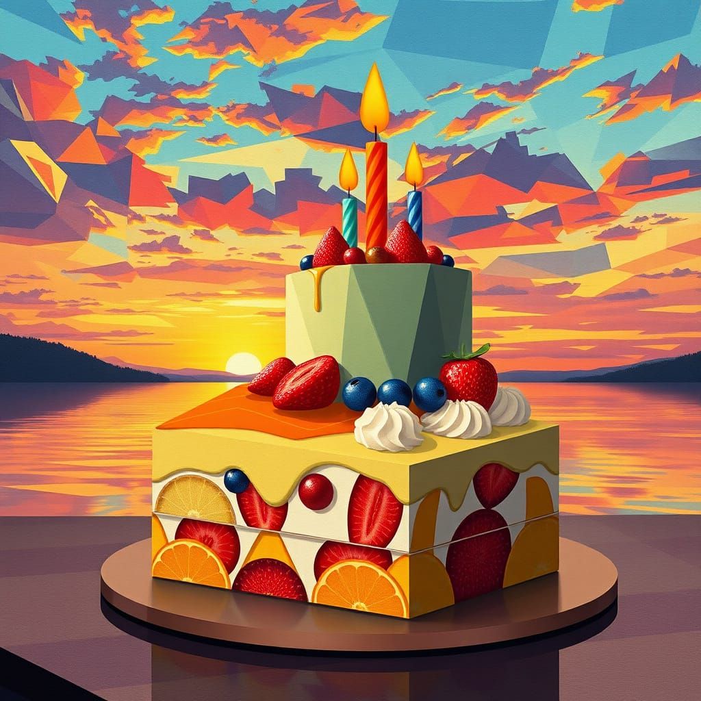 Geometric Birthday Cake in Cubist Style
