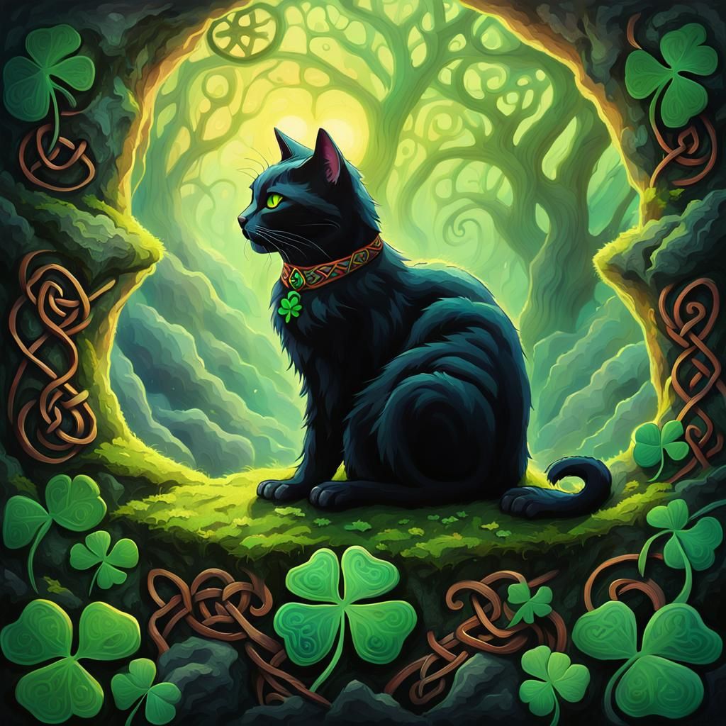 Black Cat with Clover in Fantasy Oil Painting