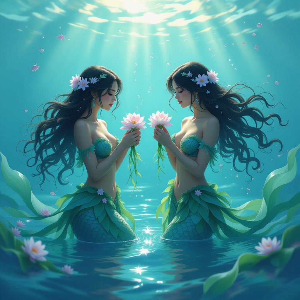 Mermaids Riot in Turbulent Ocean with Blossoming Flowers