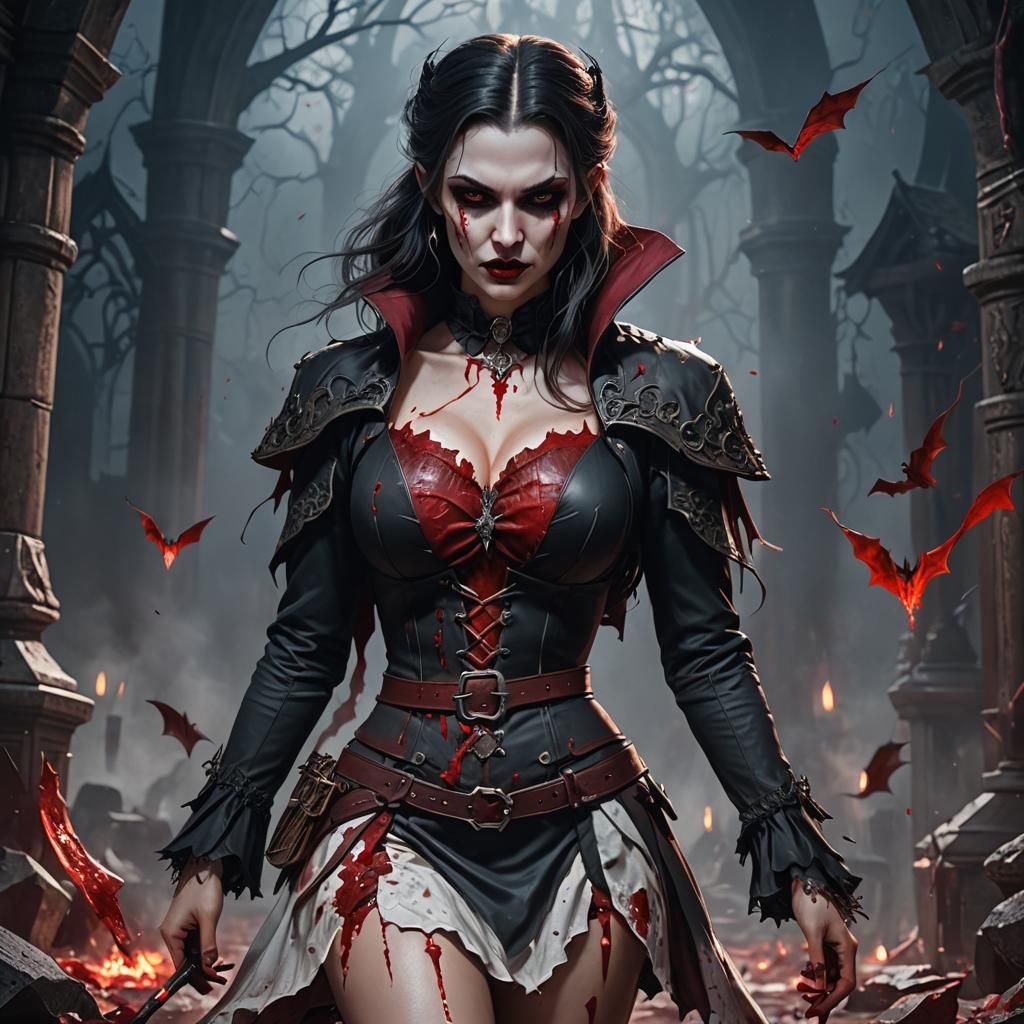 Vampire Woman with Blood, Detailed Fantasy Art