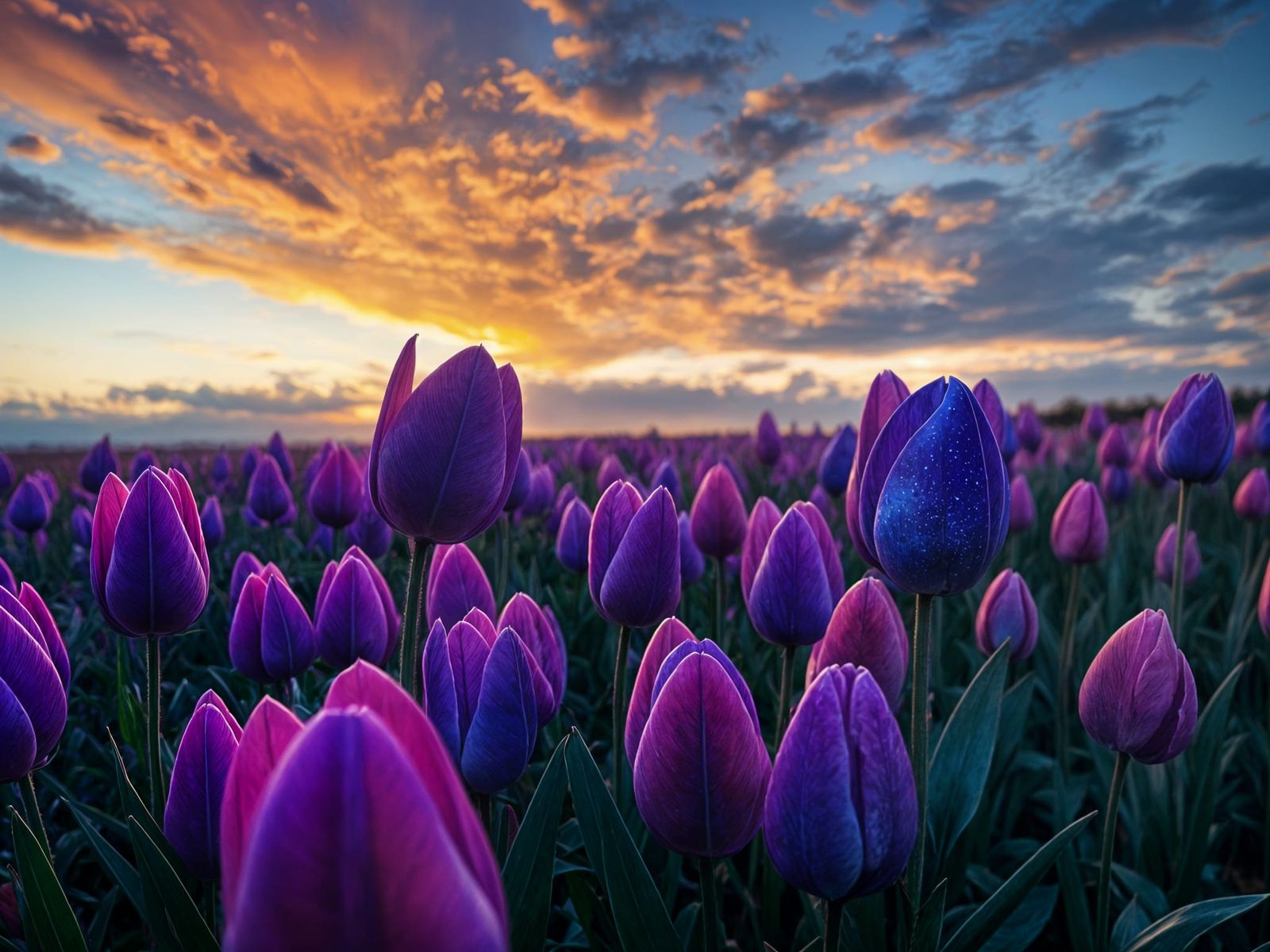 Neon Tulips in a Vibrant Twilight Scene