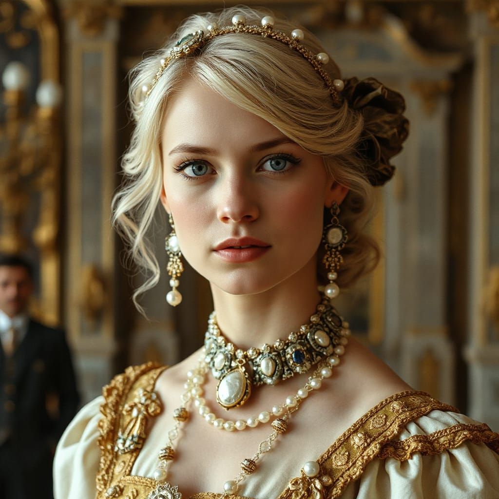 Baroque Beauty in Cream Dress with Pearl Jewelry