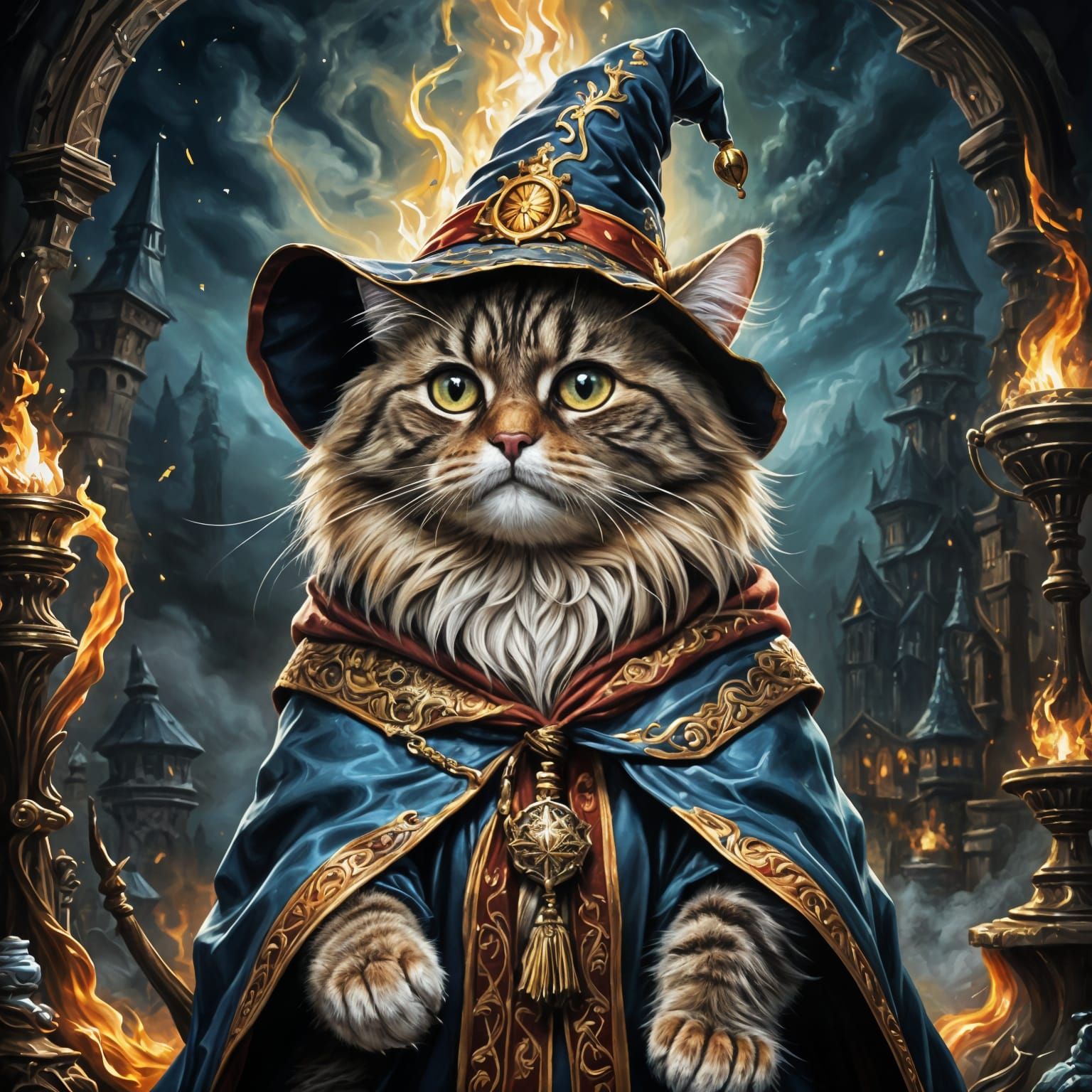 Anthropomorphic Cat Wizard in Oil Painting Style