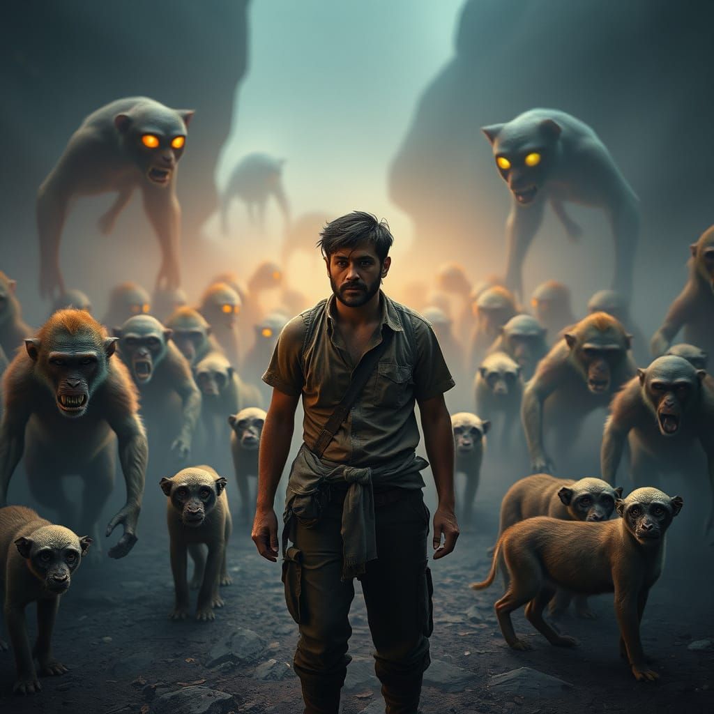 Human Amidst Twisted Menagerie in Eerie Landscape