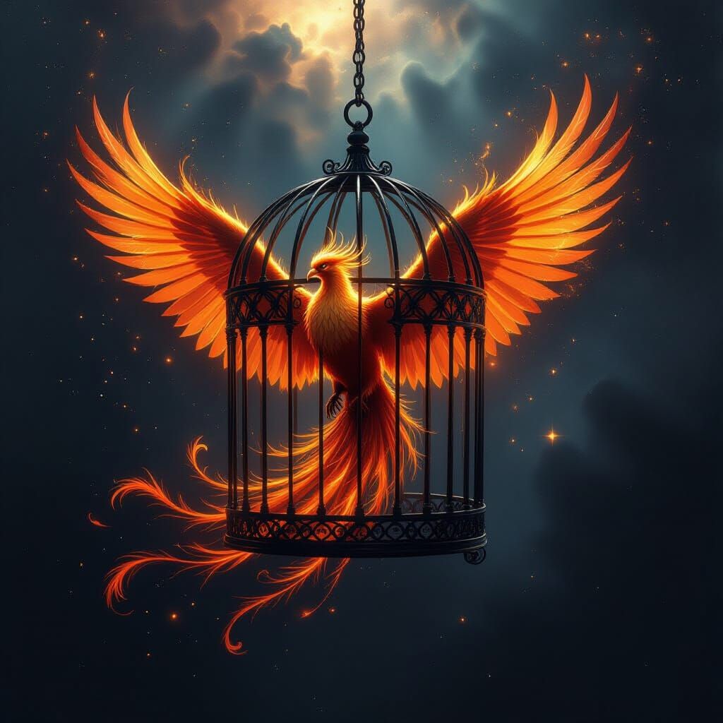 Golden Phoenix Trapped in Obsidian Cage in Cosmic Nebula