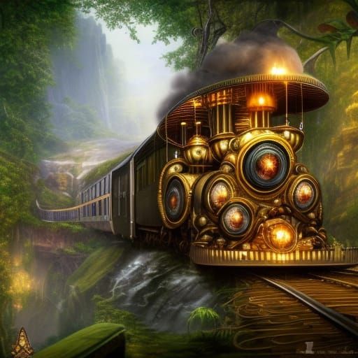 Steampunk Train Journey Through Sapphire Waterfall Jungle