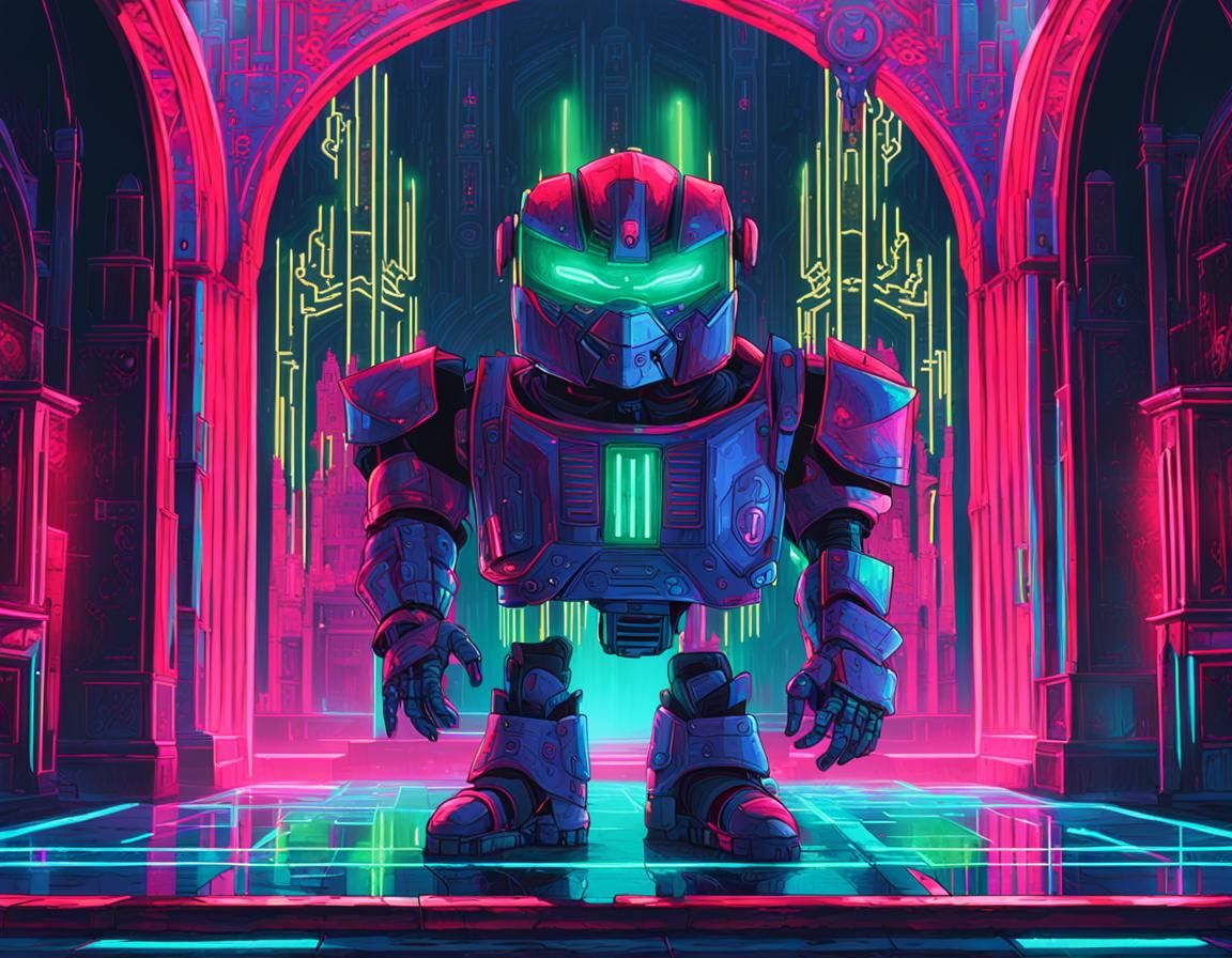 Robot Knight in Cyberpunk Castle