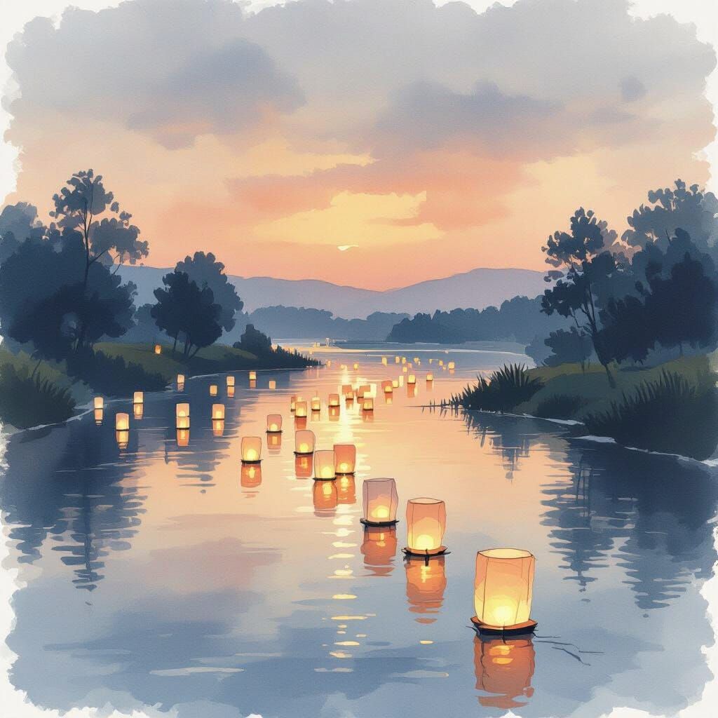Impressionistic River of Lanterns at Dusk