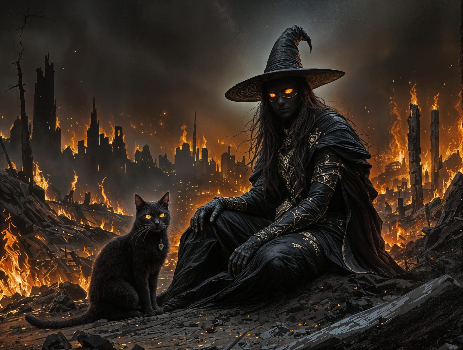 Dark Fantasy Witch Amidst Fiery Ruins