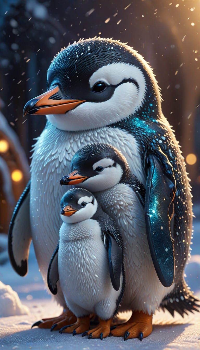 Cute Cartoon Penguins in Cozy Winter Wonderland