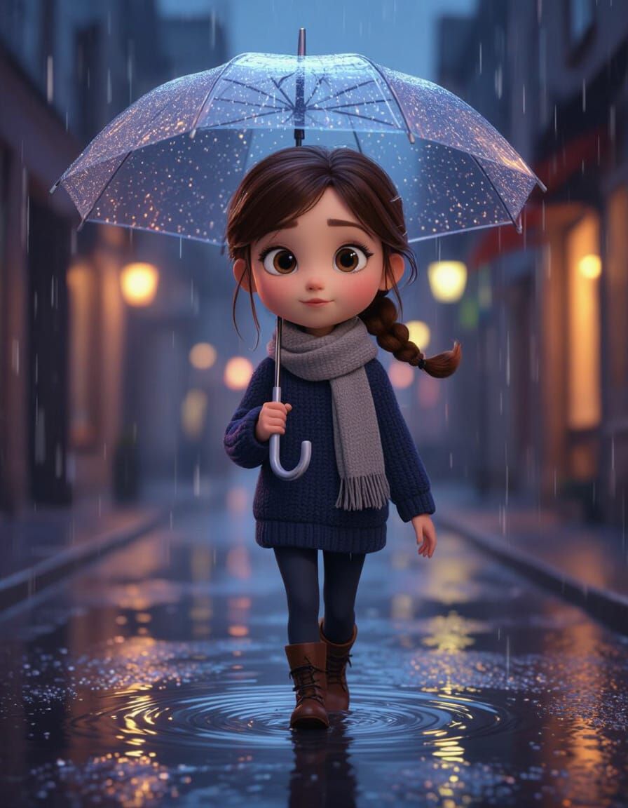 3D Girl Walking in Neon Puddles Under Umbrella
