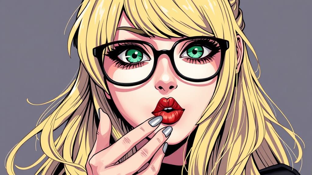 Anime Goth Woman with Green Eyes Blowing Kiss