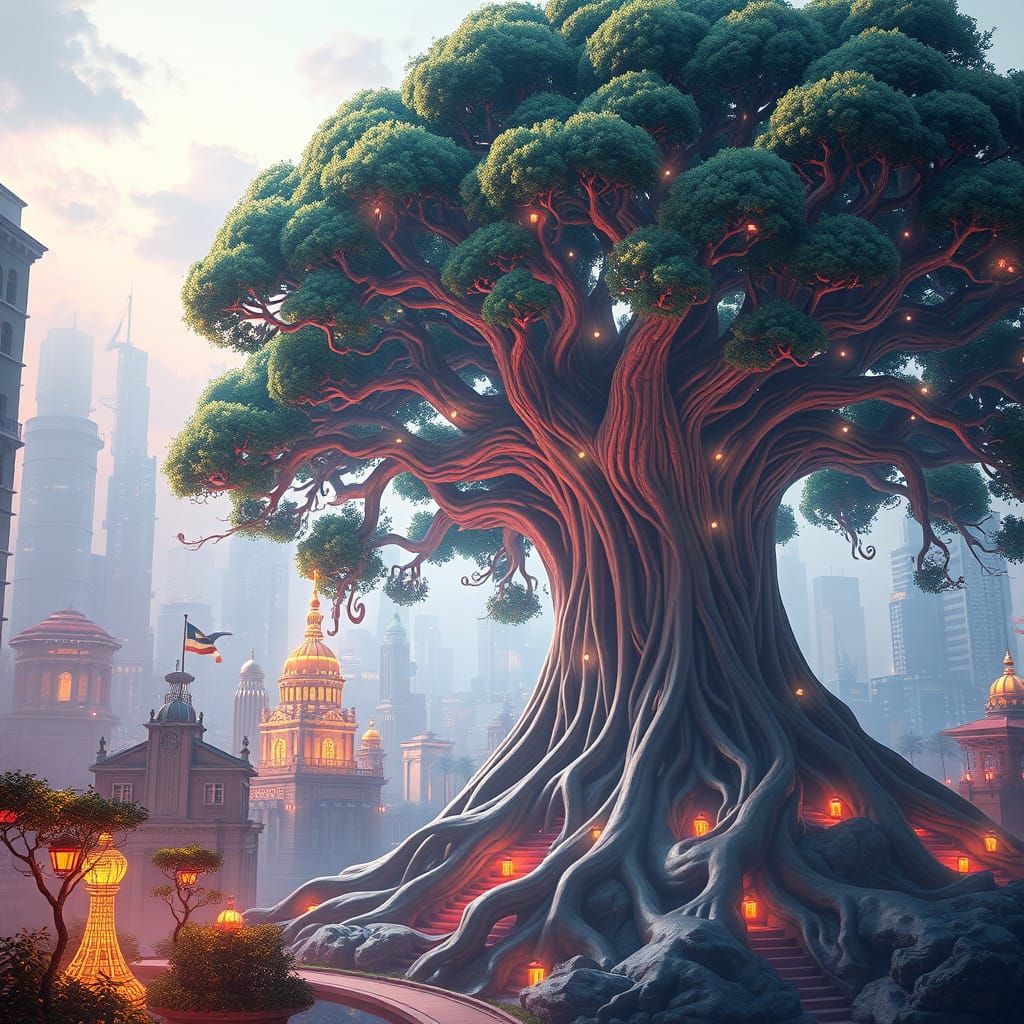 Majestic Urban Fantasy Tree City in Anime-Inspired Style