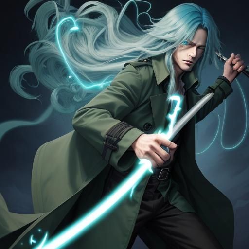 Blue-Haired Mage Wielding Energy Staff, Anime Style