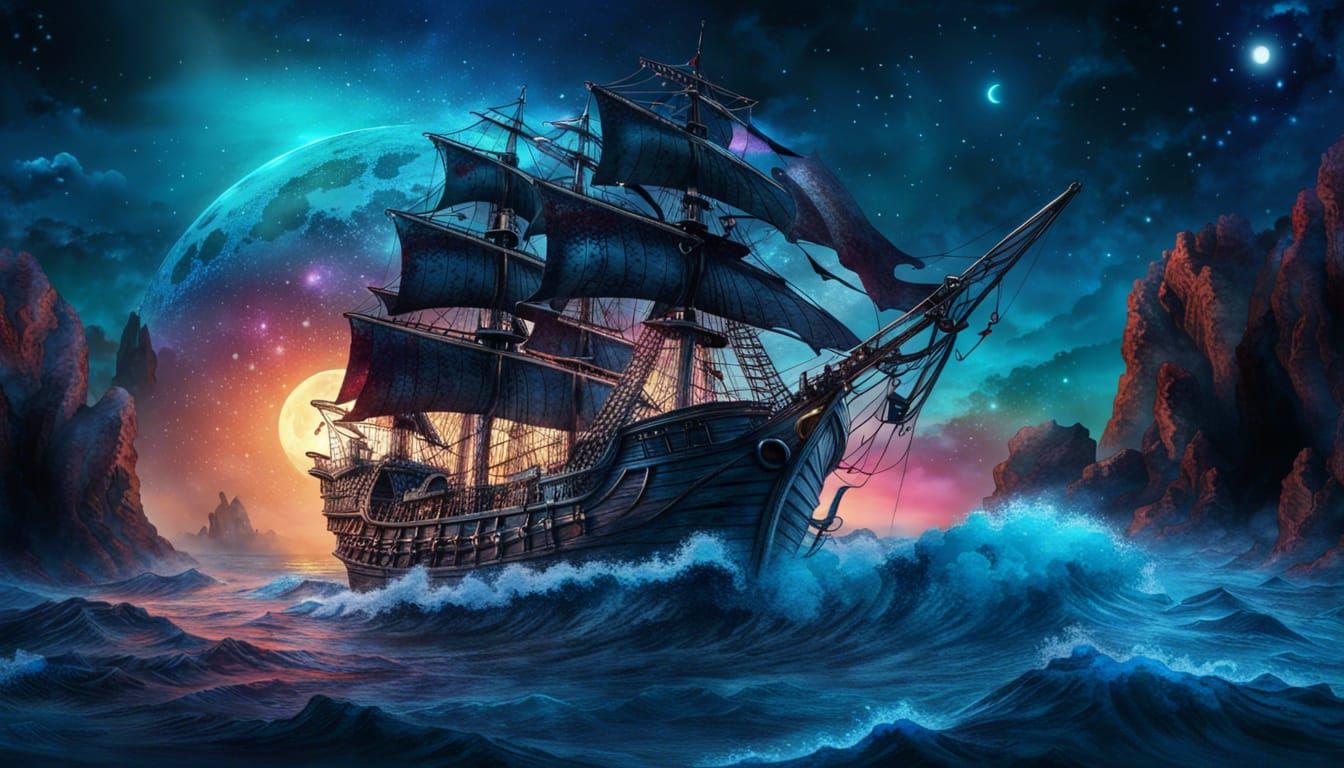 Mystical Pirate Ship on Cosmic Seas