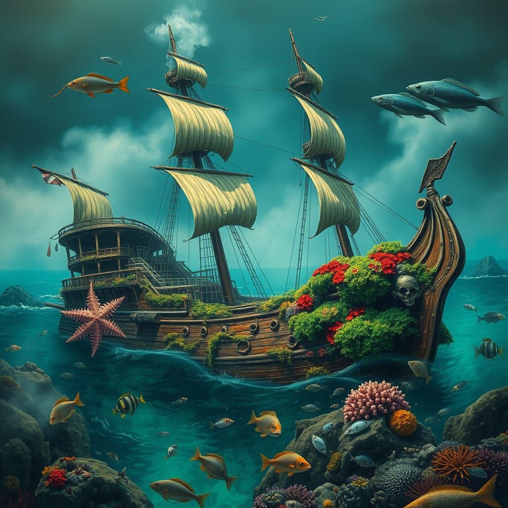 Sunken Galleon in Turquoise Ocean with Mysterious Seaweed an...