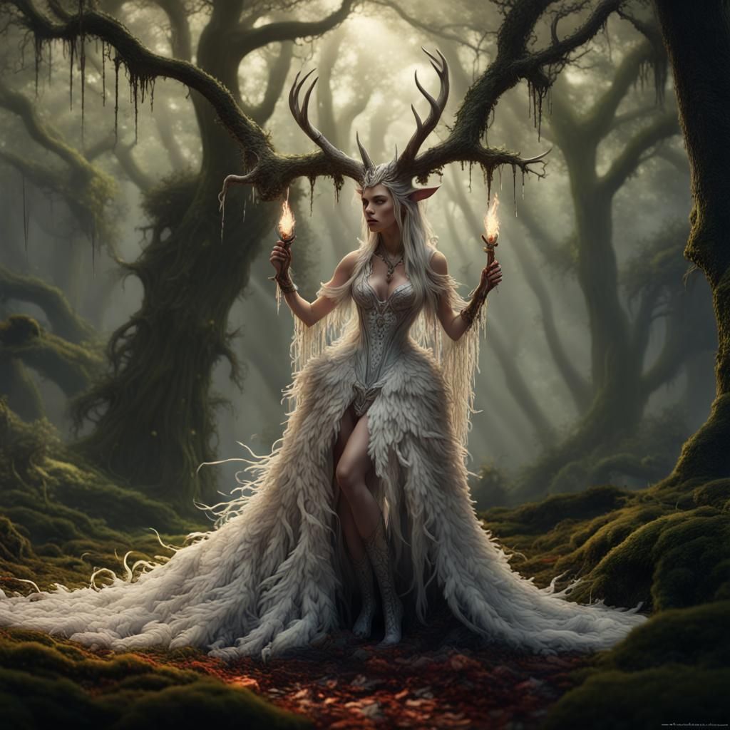 Enchantress Casting Spell in Forest, Dark Fantasy Art