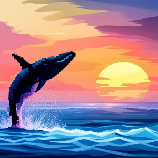 Whale Leaping at Sunset in Pixel Art Style