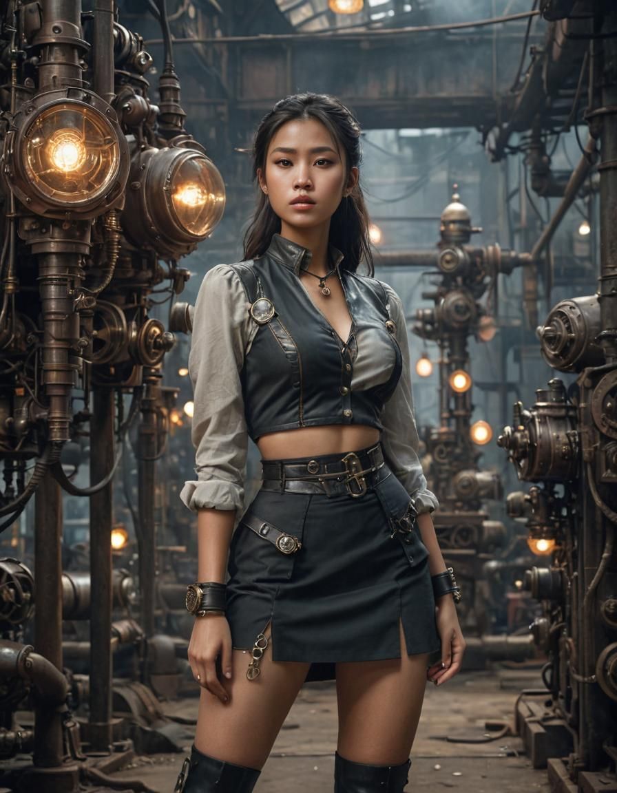 Steampunk Sci-Fi: Vietnamese Woman in High-Tech World