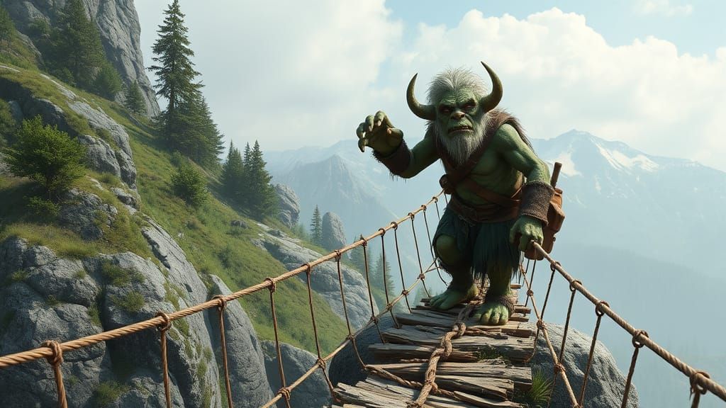 Troll Guarding Bridge in Fairy Tale Setting