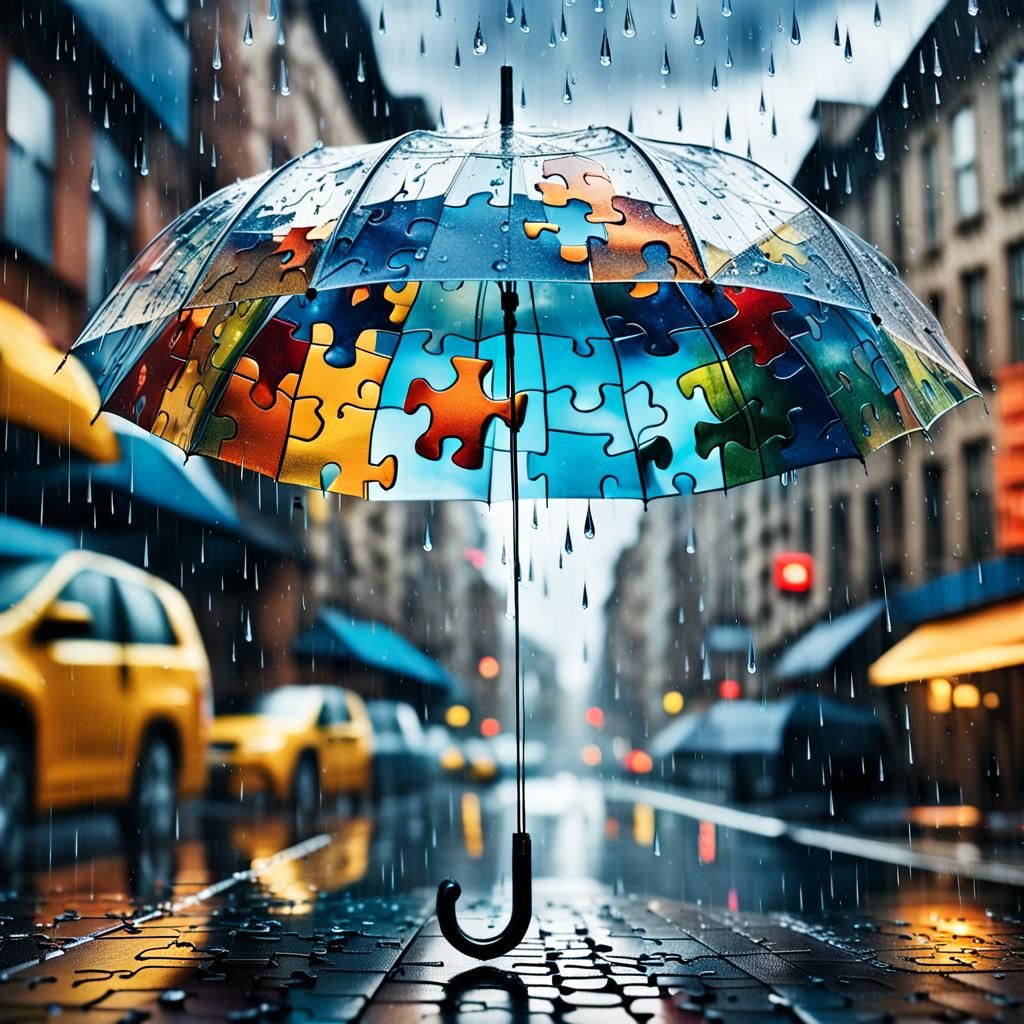 Surrealist Jigsaw Umbrella in Rainy City Street