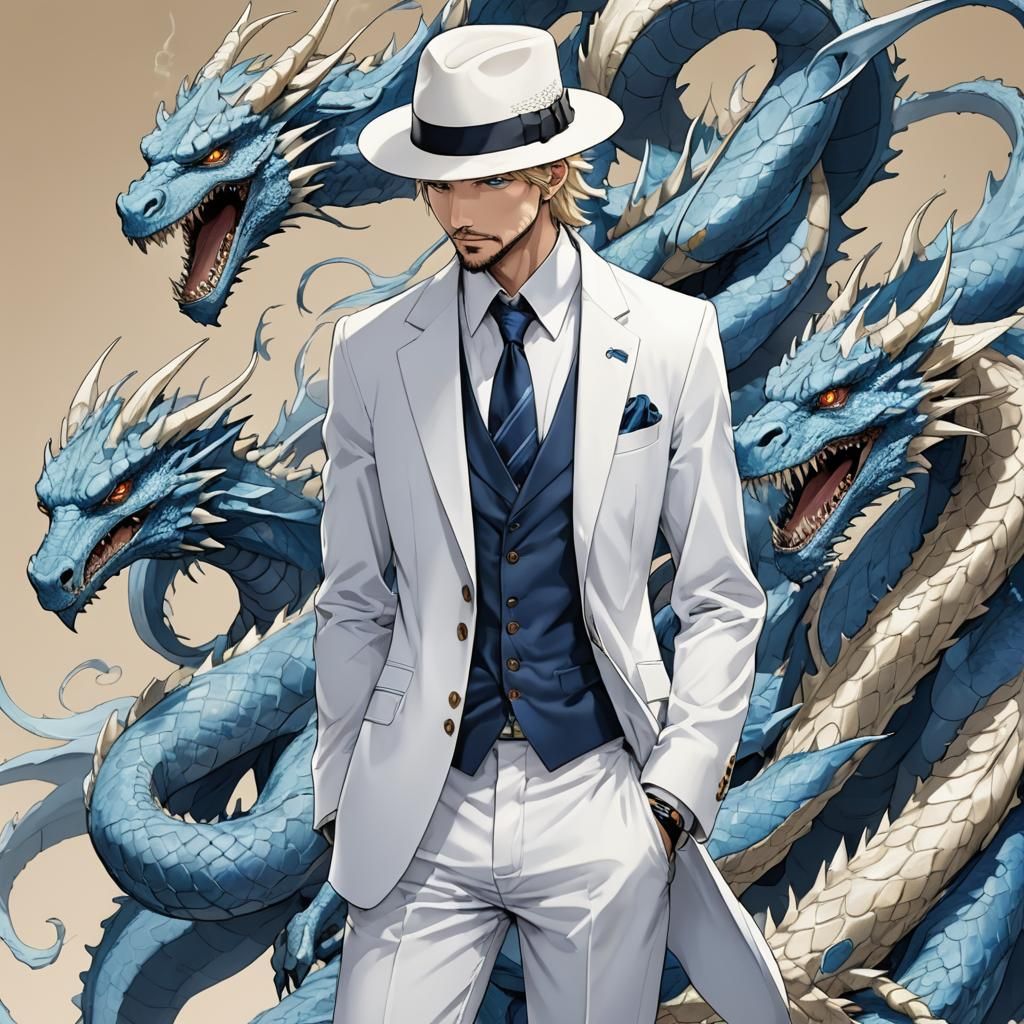 Blue Dragon Man in White Suit, Anime Style