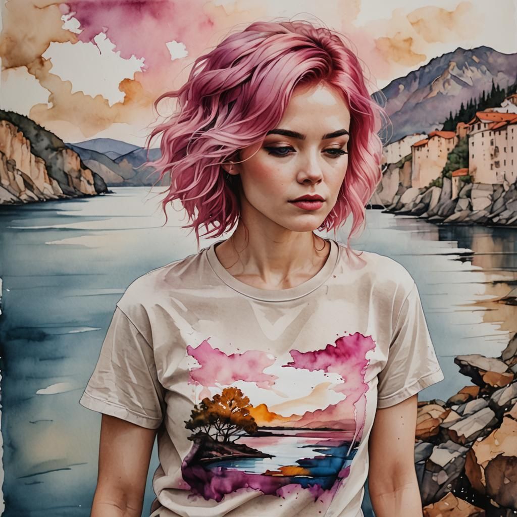 Pink-Haired Woman Portrait in Alcohol Ink Style