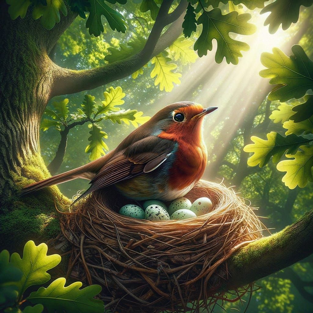 Proud Robin Guarding Eggs in Oak Tree Nest