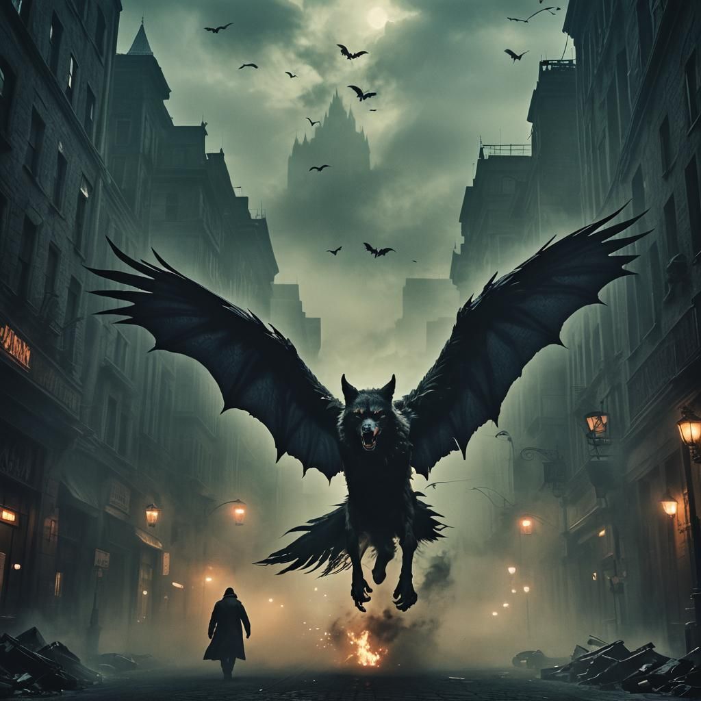 Cinematic Werewolves Fly Over Dark City