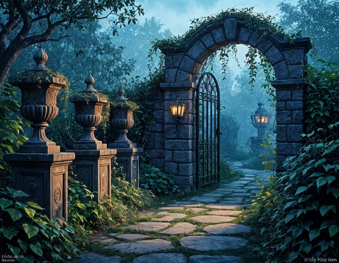 Overgrown Gothic Garden at Dusk in Burton Style