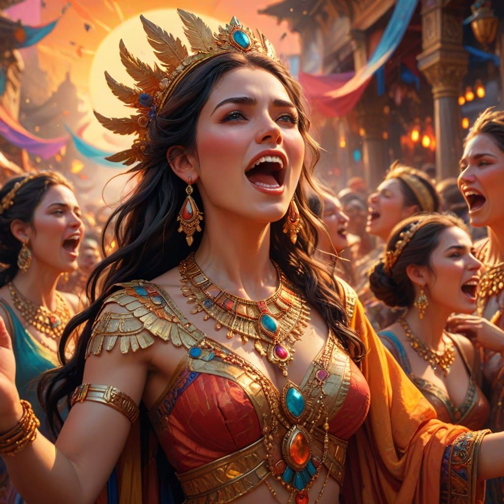 Goddess Shouting in Marketplace: Vibrant Oil Painting